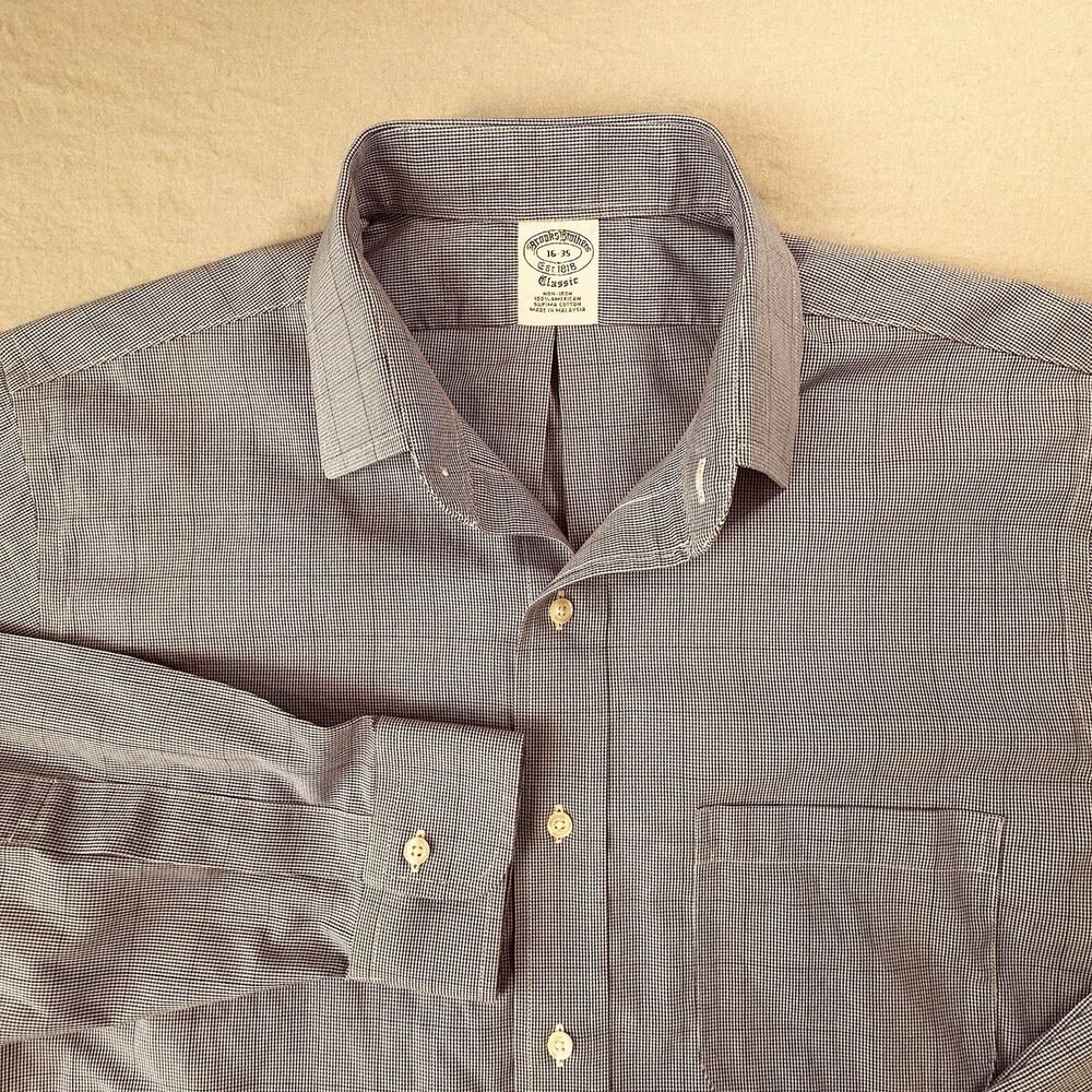 Brooks Brothers Classic Dress Shirt Mens 16-35 Blue Houndstooth Non Iron Cotton